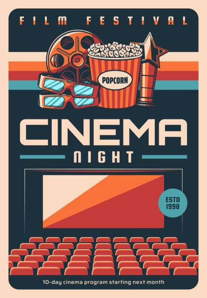Film festival, cinematography art retro poster Film festival, cinema night screenings retro poster. Cinema hall movie program vector cover template, cinematography fest banner. Screen and sittings, popcorn, film reel and 3d glasses, festival award popcorn and movie stock illustrations