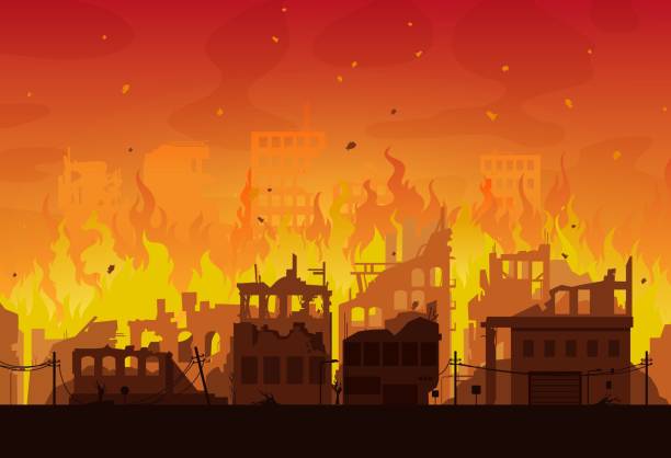 Burning city ruins in fire, destroyed town houses City in fire, destroyed burning houses and buildings, vector disaster or war background. Burning city ruins and town destruction from earthquake, bomb explosion attack and world apocalypse catastrophe demolished illustrations stock illustrations