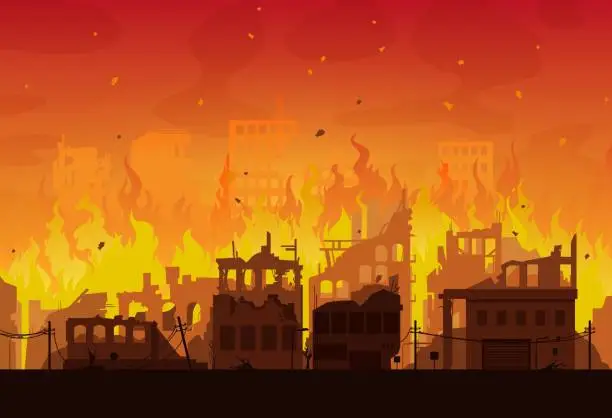Vector illustration of Burning city ruins in fire, destroyed town houses