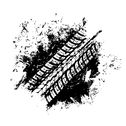 Offroad sport, grunge tire print, vector tyre track with dirty spot. Bike or car rally competition, motocross. Vehicle protector, wheel trace. Abstract monochrome pattern, isolated graphic texture