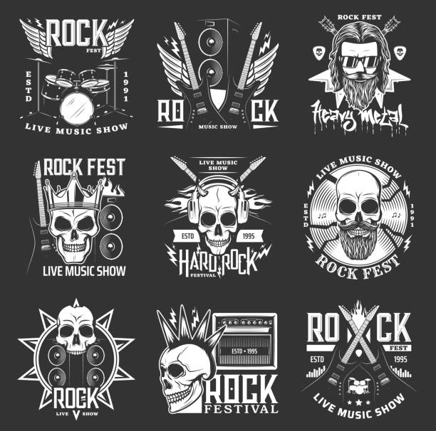 ikony festiwalu muzyki rockowej, czaszka hard rockowa, gitara - drum & bass stock illustrations