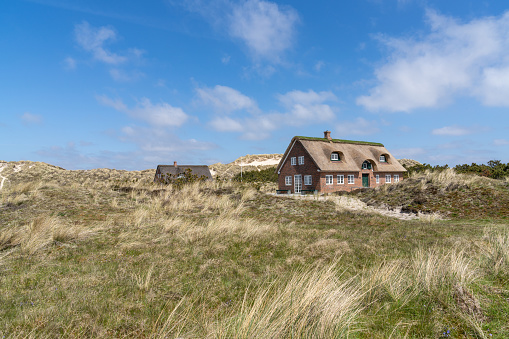 Sonderho, Denmark - 29 May, 2021: traditional Danish houses with thatched reed roof in a coastal sand dune landscape