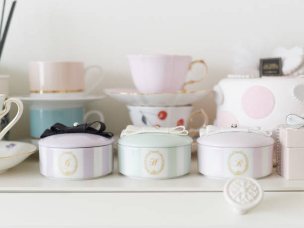 Handmade porcelains on the shelves