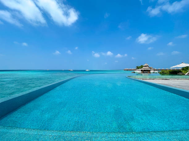 istock Infinity pool & tropical Maldives beach landscape. Turquoise lagoon waters and blue sky on a bright summer day. 1322438521