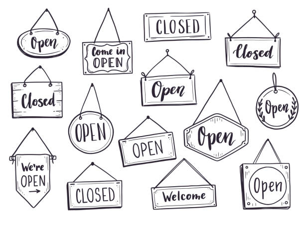 ilustrações de stock, clip art, desenhos animados e ícones de hand drawn open door sign - open sign