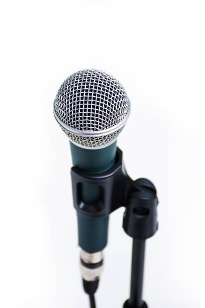 istock Professional vocal microphone on stand isolated on white background. audio equipment for studio and concert 1322442574