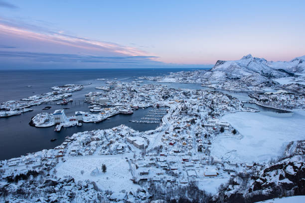 Aerial view of Svolvaer city the small harbour of Norwegian in winter season, Norway Aerial view of Svolvaer city the small harbour of Norwegian in winter season, Norway, Europe harbor of svolvaer in winter lofoten islands norway stock pictures, royalty-free photos & images