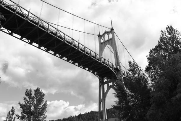 Black and White picture of St. Johns Bridge from bottom, built on Willamette river at Portland Oregon