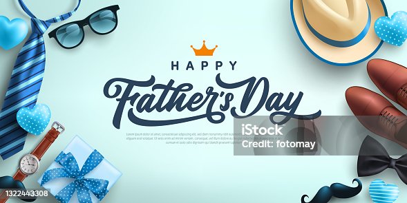istock Father's Day Sale poster or banner template with necktie,glasses,hat and gift box.Greetings and presents for Father's Day in flat lay styling.Promotion and shopping template for love dad concept 1322443308