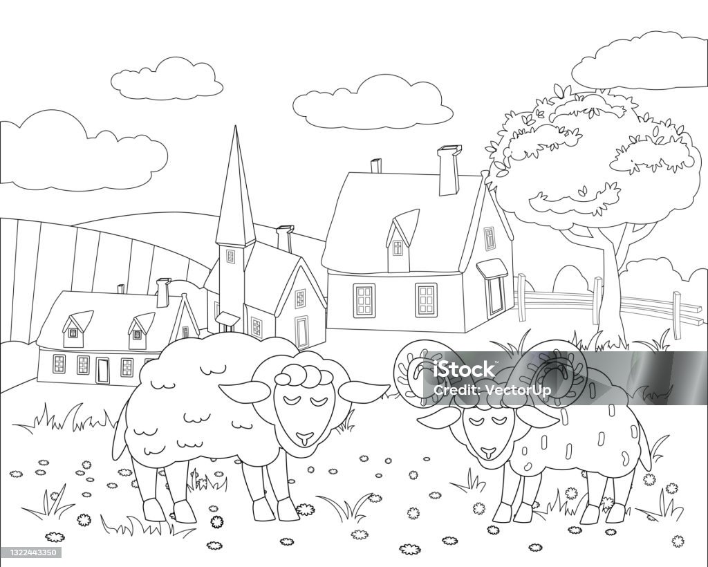 Zwierzęta gospodarskie kolorowanka ilustracja edukacyjna dla dzieci. Słodkie owce i piekarnik, wiejski krajobraz kolorowanki strony. Wektor czarny biały kontur postaci z kreskówek - Grafika wektorowa royalty-free (Gospodarstwo) Zwierzęta gospodarskie kolorowanka ilustracja edukacyjna dla dzieci. Słodkie owce i piekarnik, wiejski krajobraz kolorowanki strony. Wektor czarny biały kontur postaci z kreskówek - Grafika wektorowa royalty-free (Gospodarstwo)