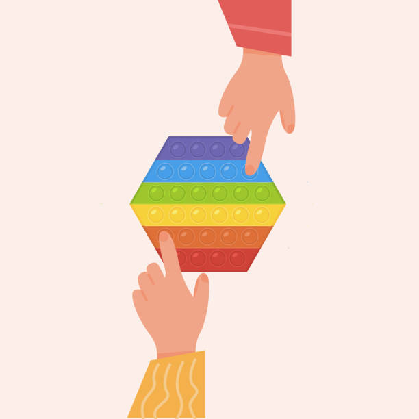 istock Kids playing with popular Pop It Fidget. Antistress toy in rainbow color. Hands pushing bubbles on toy. Sensory fidget in square shape, circle figure and polygon. Children trend. Vector illustration. 1322444061