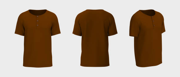 istock Blank short-sleeve henley t-shirt mockup. Front, back and side views. 1322444079