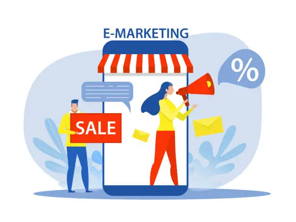 Vector illustration of e-marketing Concept Woman use megaphone or bullhorn on screen of laptop phone digital promotion or online advertisement  flat  vector illustration.