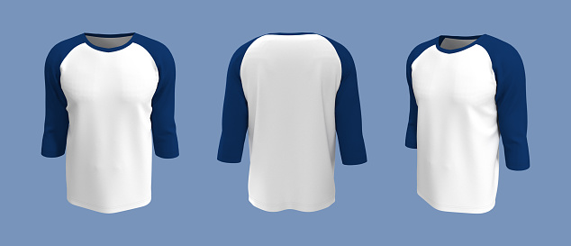 men's long-sleeve raglan t-shirt mockup in front, side and back views, design presentation for print, 3d illustration, 3d rendering