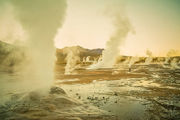 El Tatio geyser field, near San Pedro de Atacama Sunrise view of the El Tatio geyser field, near San Pedro de Atacama, in the Andes Mountains, Northern Chile geothermal reserve stock pictures, royalty-free photos & images