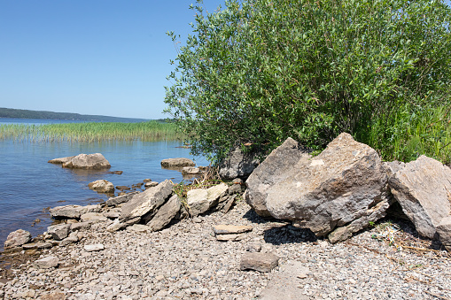 Picturesque rocky bank of the Kama River in the city of Naberezhnye Chelny, Tatarstan, Russia