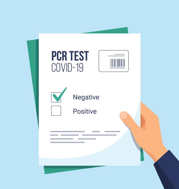 Hand holding negative PCR test for Coronavirus. Covid-19 prevention. Vector illustration in flat style Negative result on PCR test for Covid-19. Hand holding certificate of absence of disease. Coronavirus prevention. Health care concept. Vector illustration in flat style pcr device stock illustrations