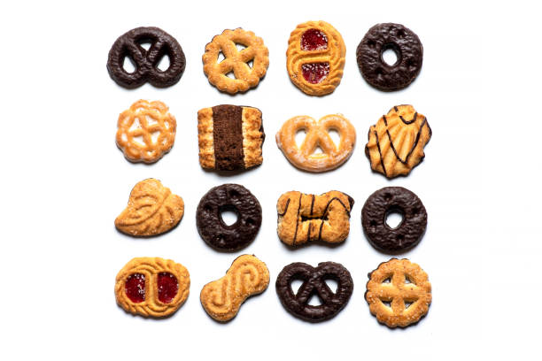 Various sweet tea cookies flat lay pattern top view isolated