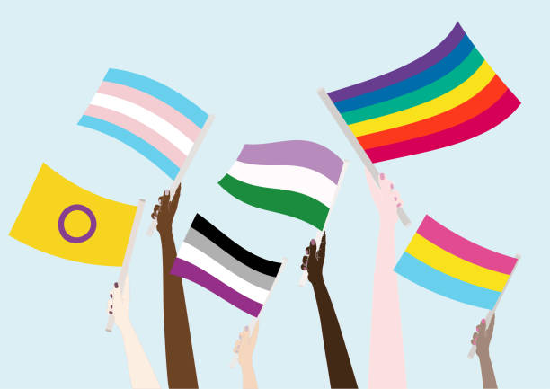 Flags LGBTQIA. Pride month LGBT rainbow colors. People with flags pride flag stock illustrations