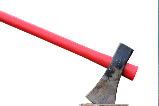 axe with a red handle in a chock. Axe wedged into tree stump, isolated on white background