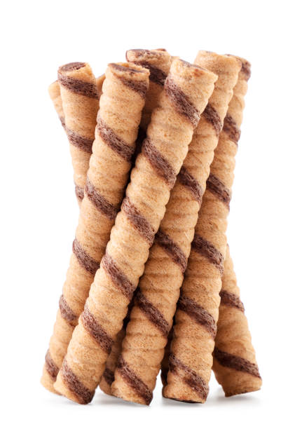 A bunch of wafer rolls close-up on a white background. Isolated
