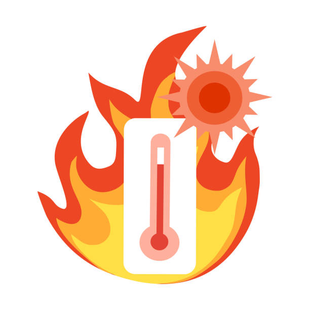 흰색 배경에 뜨거운 여름 날씨 개념 벡터 일러스트. 평평한 디자인의 불과 태양이있는 온도계. - heat heat wave thermometer summer stock illustrations