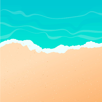 Vector summer background. Sunny beach, seashore or ocean with golden sand and azure water, top view. Waves and white foam. Pattern template of summer holiday.