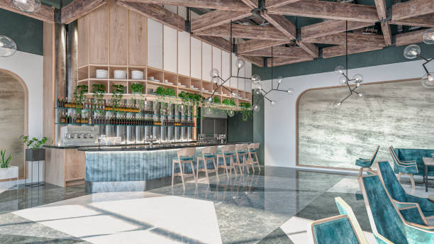 istock Empty large modern restaurant bar with tables and bar stools, illuminated by large windows in the background 1322452328