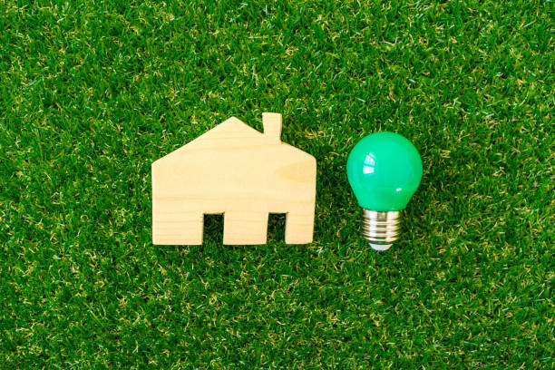 istock Wooden house model and lightbulb on green background 1322453216