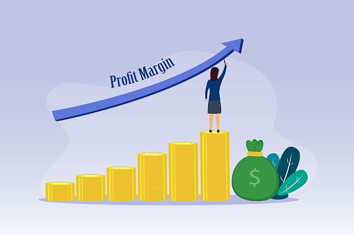 Margin vector concept: Young businesswoman drawing upward arrow of profit margin while standing at pile of coins