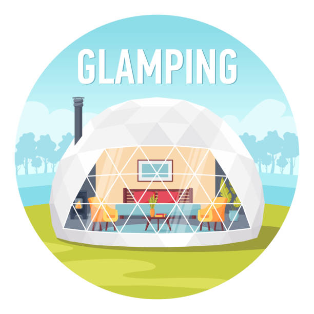 Glamping or Glamor camping. Modern comfortable tent with forest and clouds on background. Recreation in wild nature with facilities. Flat style concept banner, vacation and travel concept. Isolated on white background vector illustration. Geodesic dome with forest and clouds on background. Vacation and holiday concept. Vector illustration. geodesic dome stock illustrations