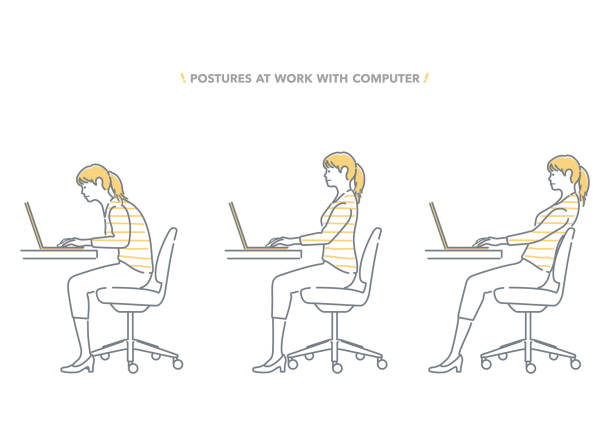 ilustraciones, imágenes clip art, dibujos animados e iconos de stock de conjunto de posturas de una mujer que trabaja en una computadora aislada sobre un fondo blanco. - outline desk computer office