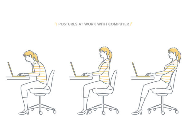 postawy zestaw kobieta pracuje na komputerze izolowane na białym tle. - sitting pose stock illustrations