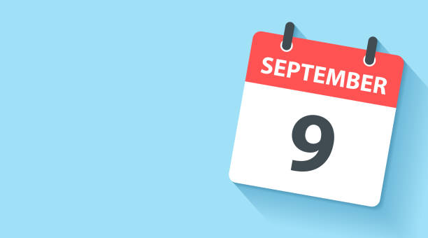 September 9 - Daily Calendar Icon in flat design style September 9. Calendar Icon with long shadow in a Flat Design style. Daily calendar isolated on a wide blue background. Horizontal composition with copy space. Vector Illustration (EPS10, well layered and grouped). Easy to edit, manipulate, resize or colorize. Vector and Jpeg file in different sizes. 9 stock illustrations