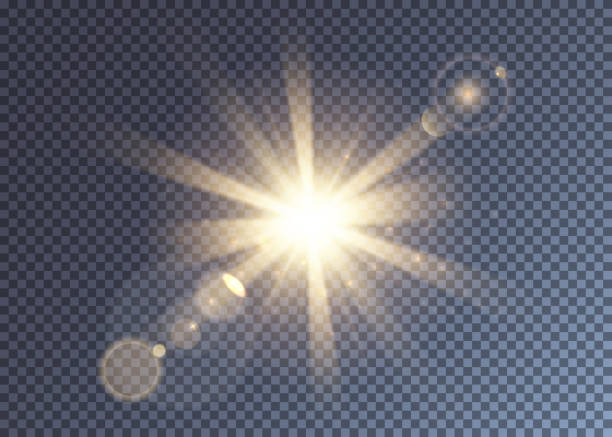 ilustraciones, imágenes clip art, dibujos animados e iconos de stock de sol vectorial brillante con destello de lente y rayos - aureola símbolo conceptual