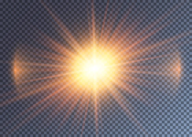 glänzende orange vektorsonne mit linsenfackel - lighting technique aperture lens color image stock-grafiken, -clipart, -cartoons und -symbole