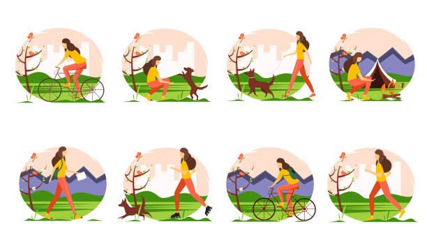 illustrazioni stock, clip art, cartoni animati e icone di tendenza di ragazza che fa diverse attività all'aperto: correre, rollerblading, camminare e giocare con il cane, viaggiare, andare in bicicletta.  attività primaverili impostate. - inhabit