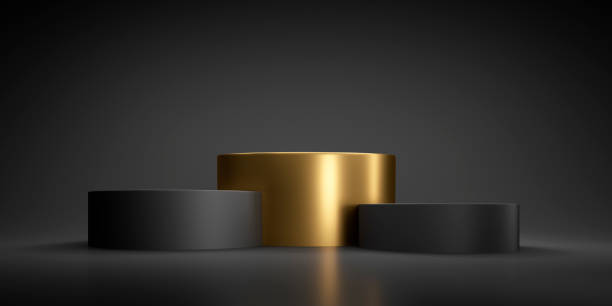 Empty Product Stand, Platform or Podium 3d rendering of golden and black color blank product stands on black background for presentation with copy space gold podium stock pictures, royalty-free photos & images