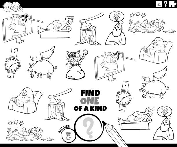 ilustrações de stock, clip art, desenhos animados e ícones de one of a kind game with cartoon characters coloring book page - cair no sofá
