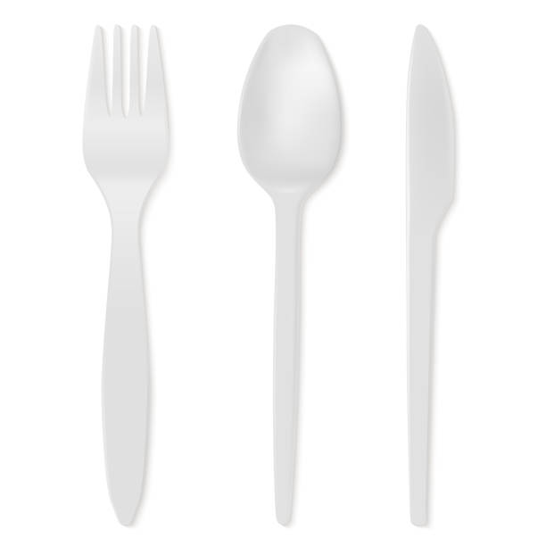 istock Realistic Detailed 3d Disposable White Plastic Cutlery Set Include of Spoon, Knife and Fork for Picnic. Vector illustration 1322463961