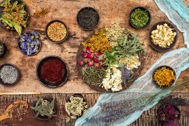 istock Herbal tea flowers collection on wooden background flat lay top view 1322464630