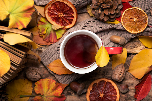 Cup of tea and autumn season symbols for cozy time at home. Flat lay top view