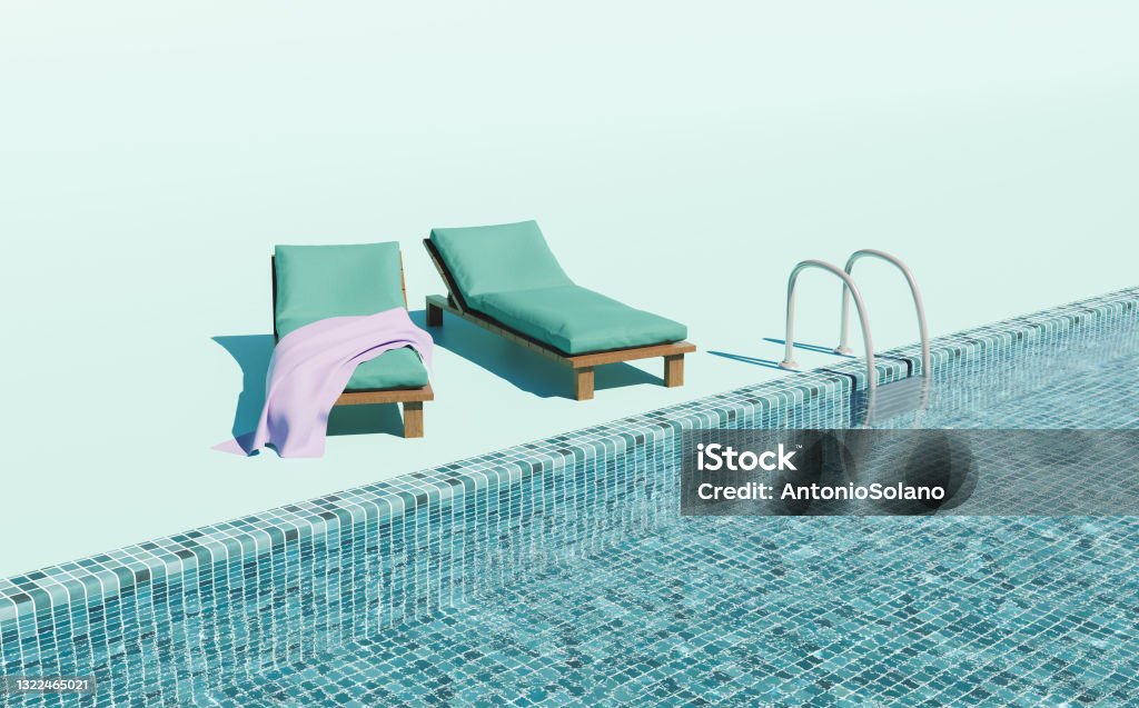minimal pool loungers scene minimalistic pool scene with clear water, metal stairs and cushioned loungers with a towel. summer concept. 3d render Swimming Pool Stock Photo