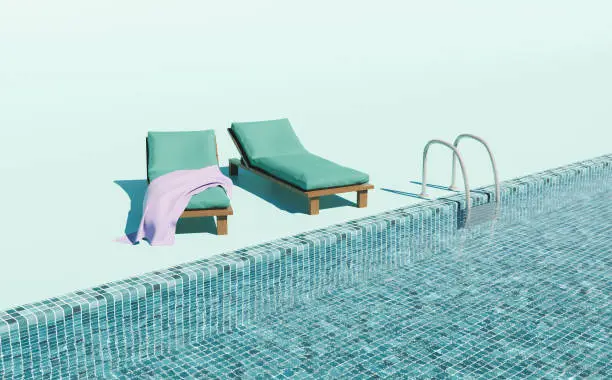 minimalistic pool scene with clear water, metal stairs and cushioned loungers with a towel. summer concept. 3d render