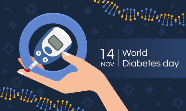 World diabetes day with hand hold Glucose testing blood tool in blue circle on dark blue cross sign texture and dna sign background vector design World diabetes day with hand hold Glucose testing blood tool in blue circle on dark blue cross sign texture and dna sign background vector design diabetes stock illustrations