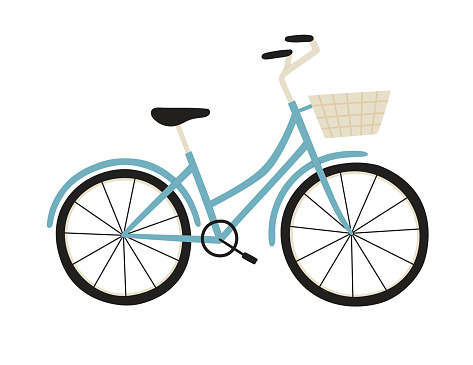 Vector illustration of blue city bicycle with a basket, isolated on white. Hand-drawn illustration. Suitable for illustrating a healthy lifestyle, sports, transport.