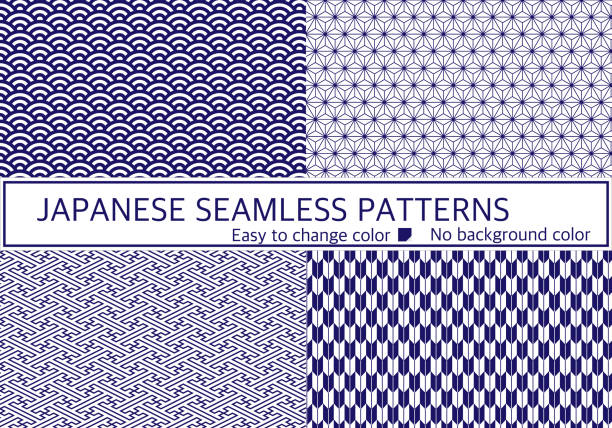 Japanese seamless patterns "SEIGAIHA,ASANOHA,SAYAGATA,YAGASURI" 4-piece set Japanese seamless patterns "SEIGAIHA,ASANOHA,SAYAGATA,YAGASURI" 4-piece set seigaiha stock illustrations