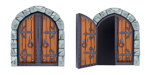 ilustracja wektorowa bramy zamkowej, średniowieczne drewniane wejście do miasta, zamknięte i otwarte zabytkowe drzwi, kamienny łuk. - palace gate stock illustrations