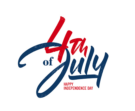 Handwritten brush lettering composition of 4th of July on white background. Happy Independence Day.
