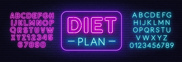 Diet Plan neon sign in frame on brick wall background. Pink and blue neon alphabet.